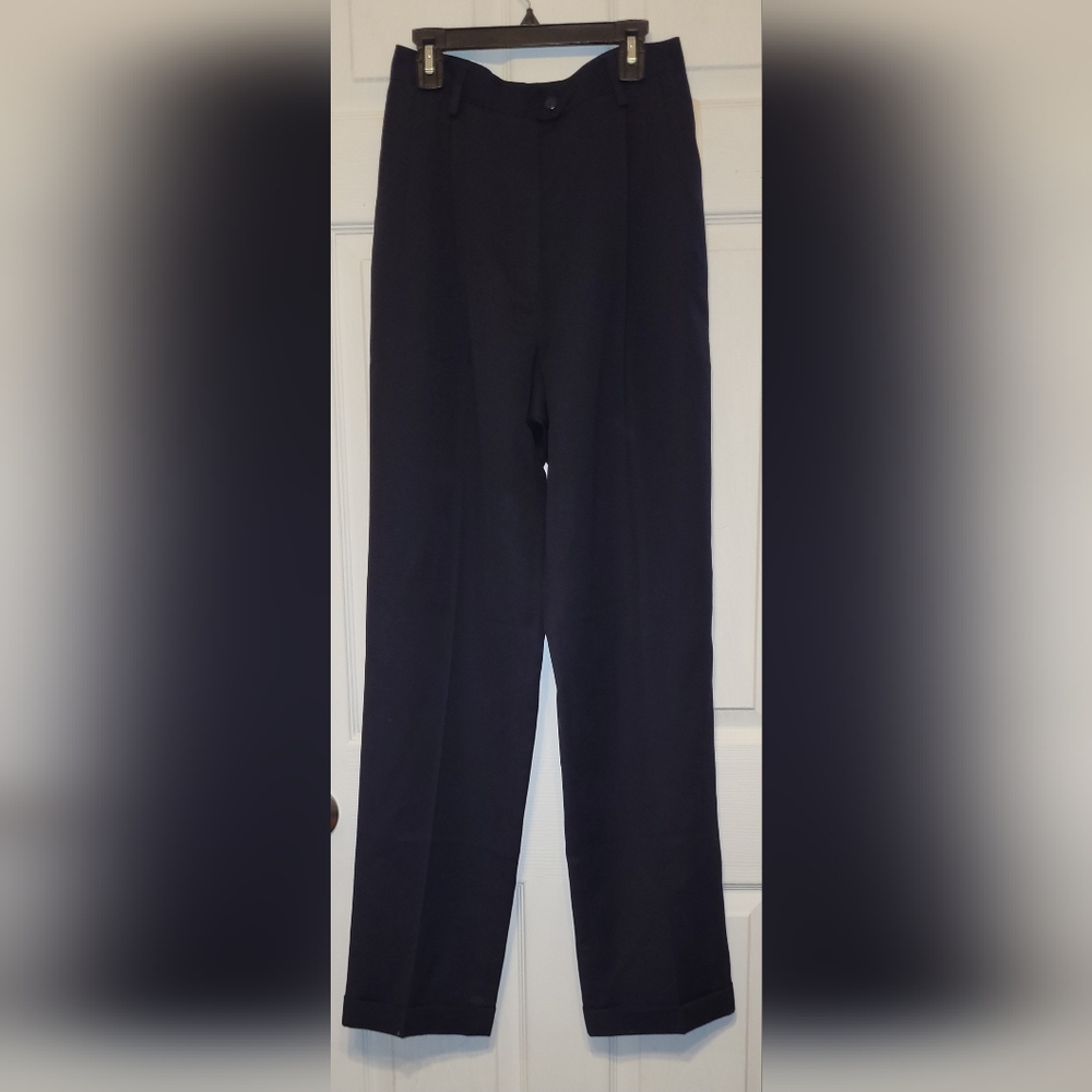 Augustus Womens Pleated High Rise 100% Wool Sz 8 Navy Twill Slacks rayon Lined